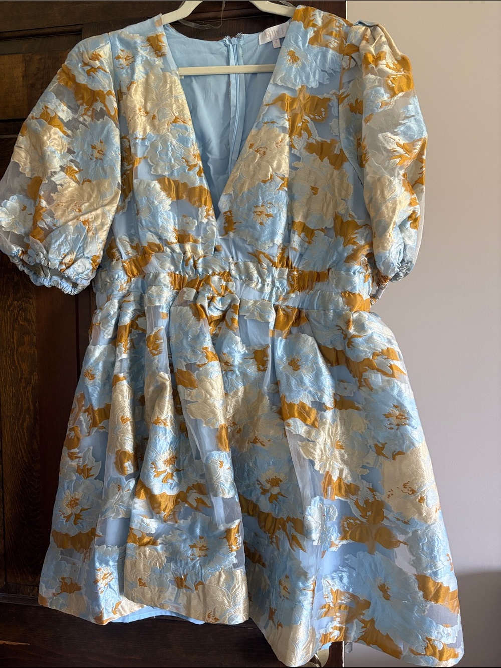 Women's Mini Dress in Light Blue, Gold & Cream - Puff Sleeve V-Neck
